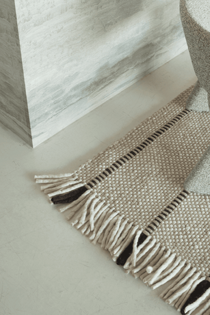 Black White Striped Wool Rug, Layered Cord, detail of the weave and fringes