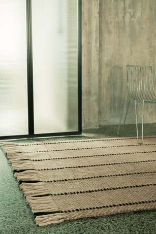 Black White Striped Wool Rug, Layered Cord, detail of the weave and fringes