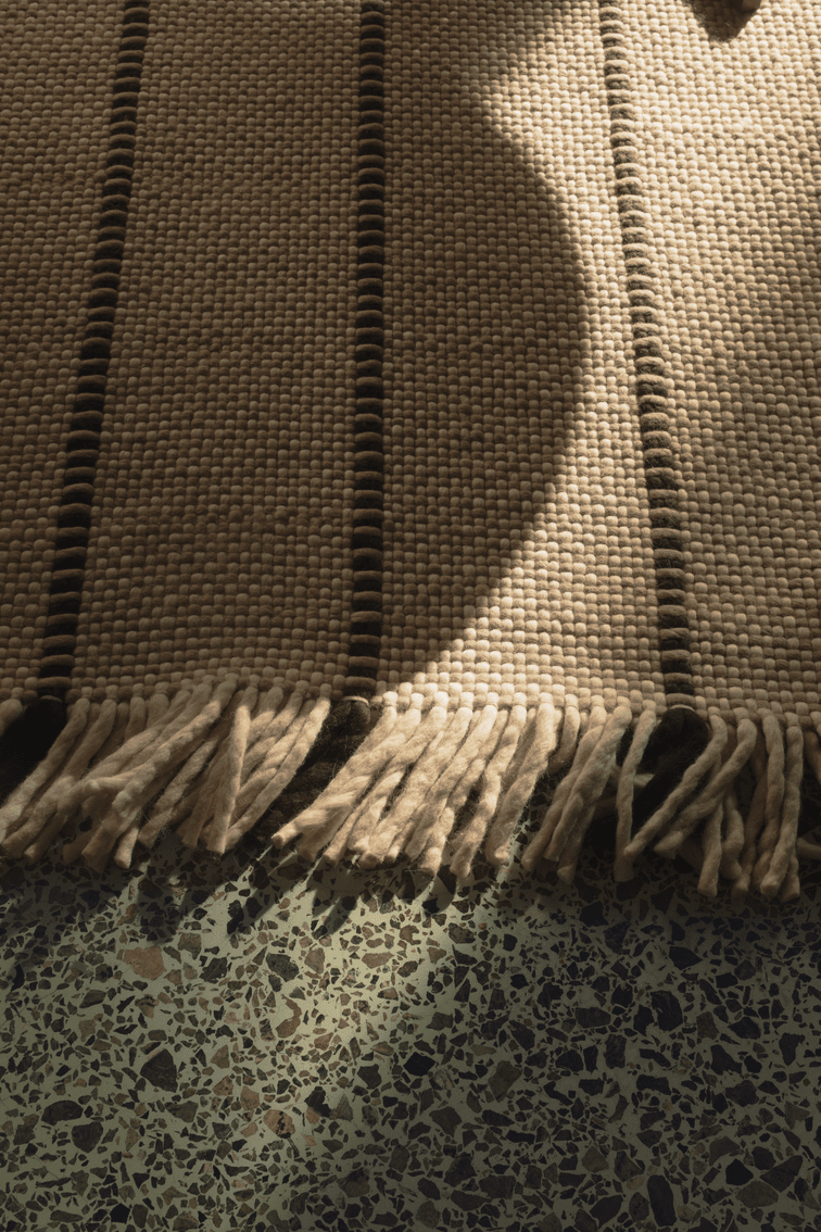 Black White Striped Wool Rug, Layered Cord, detail of the weave and fringes