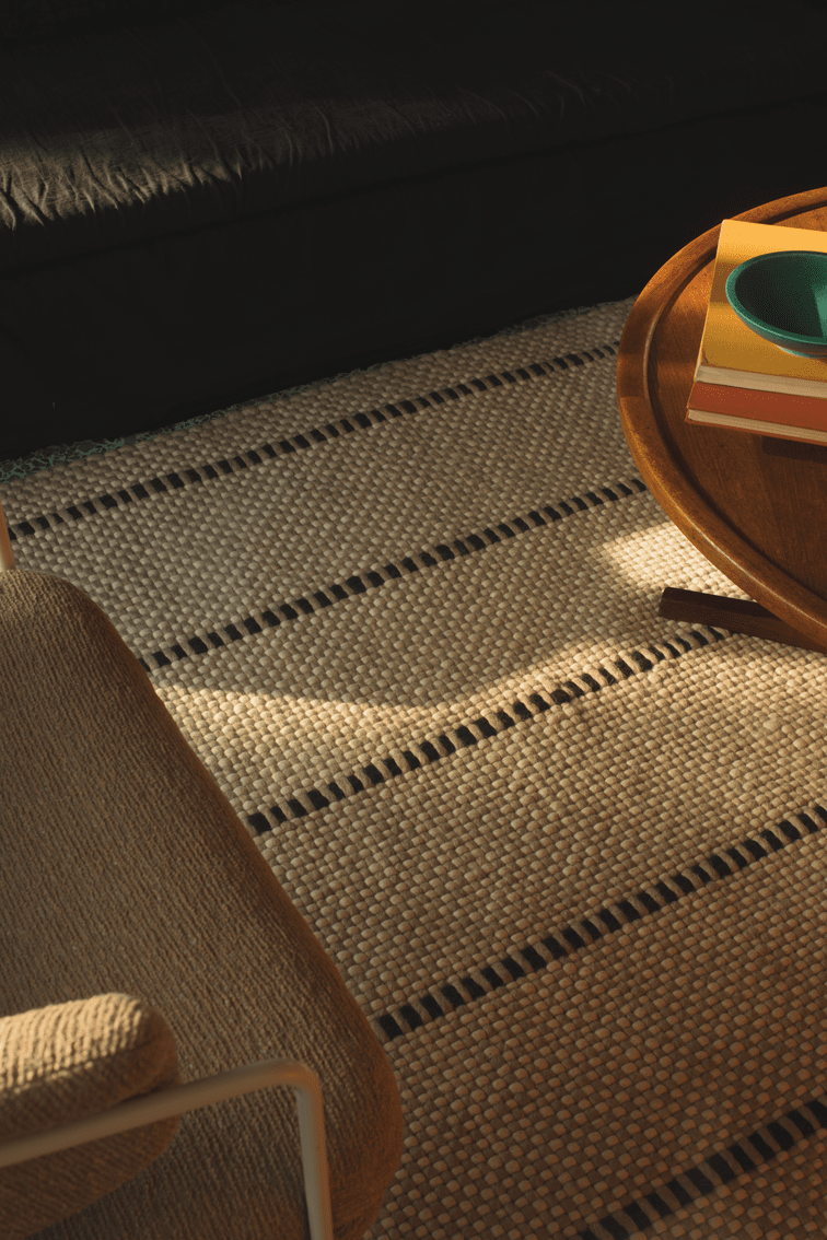 Black White Striped Wool Rug, Layered Cord, detail of the weave and fringes