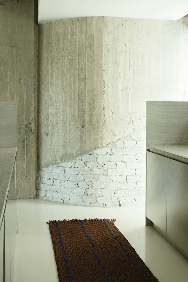 Brown Striped Wool Rug, Layered Cord Blue Brown, runner in an interior