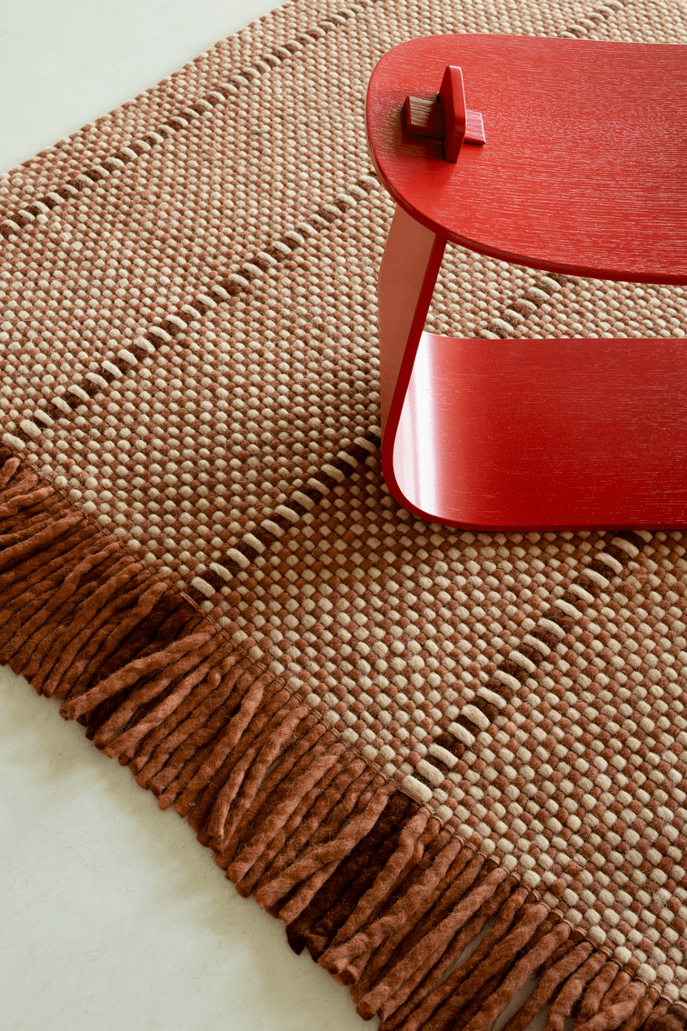 Rust Striped Wool Rug, Layered Cord Burgundy Rust, detail of the weave and fringes