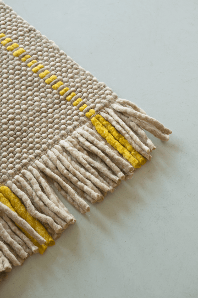 Yellow Striped Rug, Layered Cord Yellow Oatmeal, detail of the weave and fringes