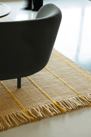 Yellow Striped Rug, Layered Cord Yellow Oatmeal, detail of the weave and fringes