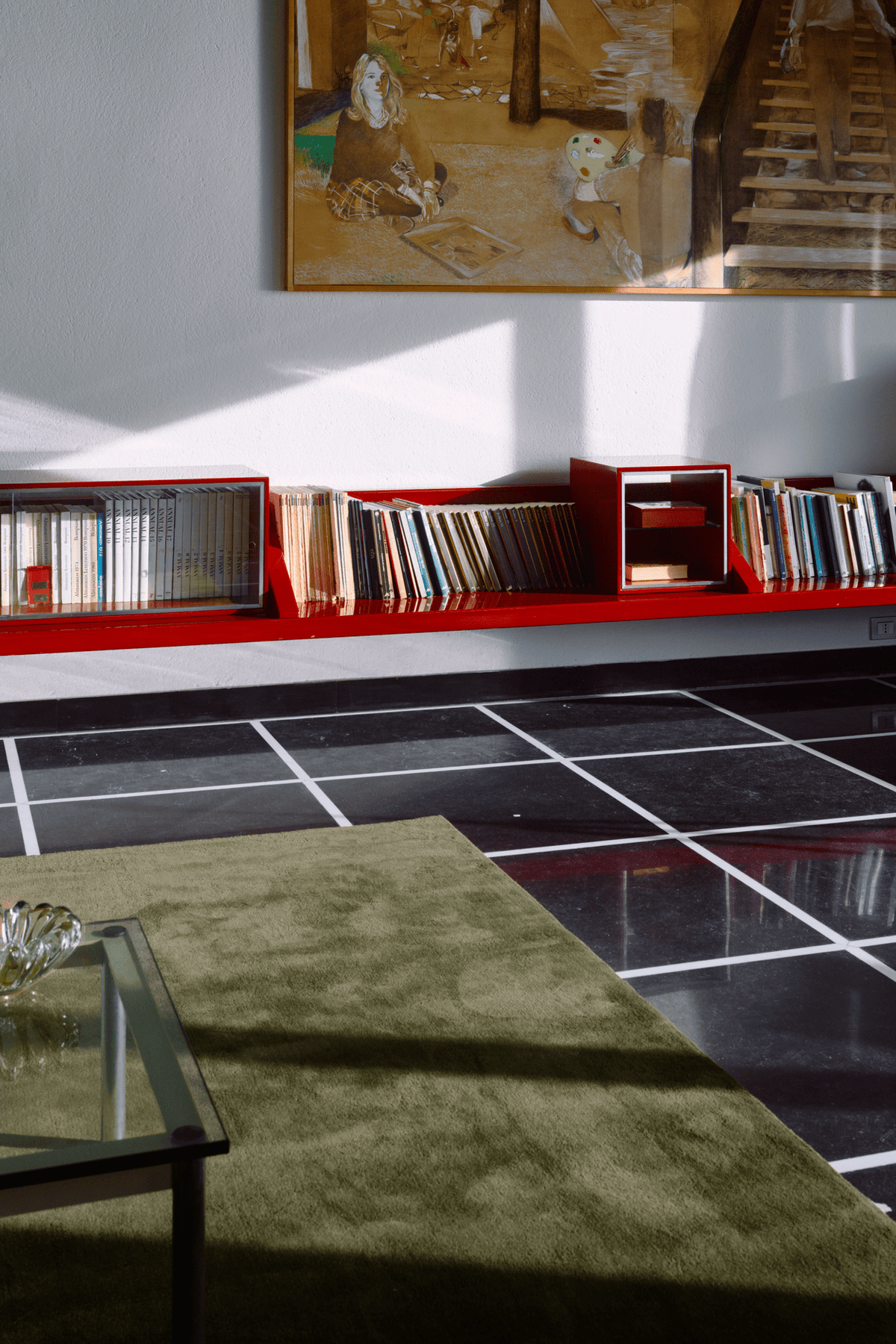 Olive Green Wool Rug, Layered Capulet Olive, in a living room