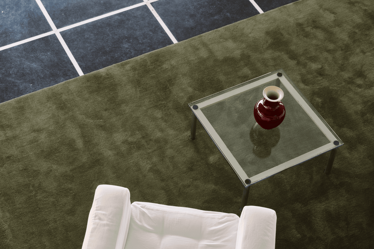 Olive Green Wool Rug, Layered Capulet Olive, close up in an interior