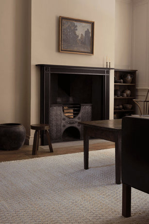 Jute Rug Bone White, Layered Barley Bone White, in a dining room