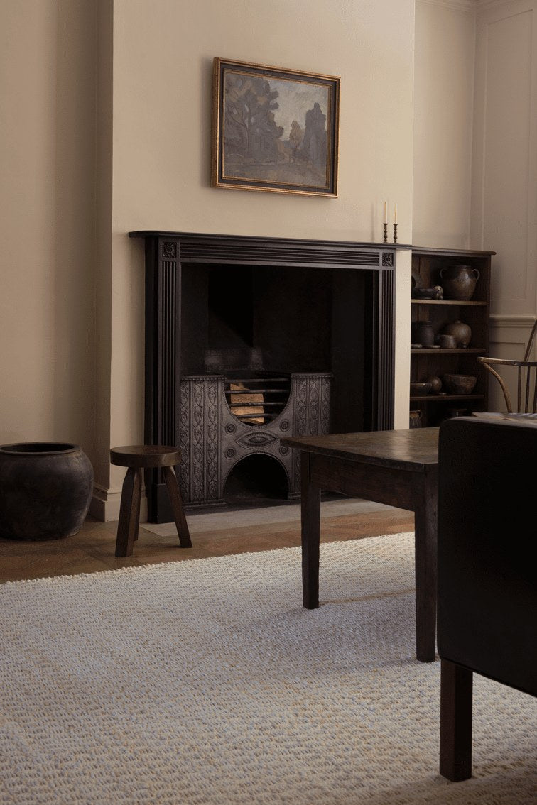 Jute Rug Bone White, Layered Barley Bone White, in a dining room