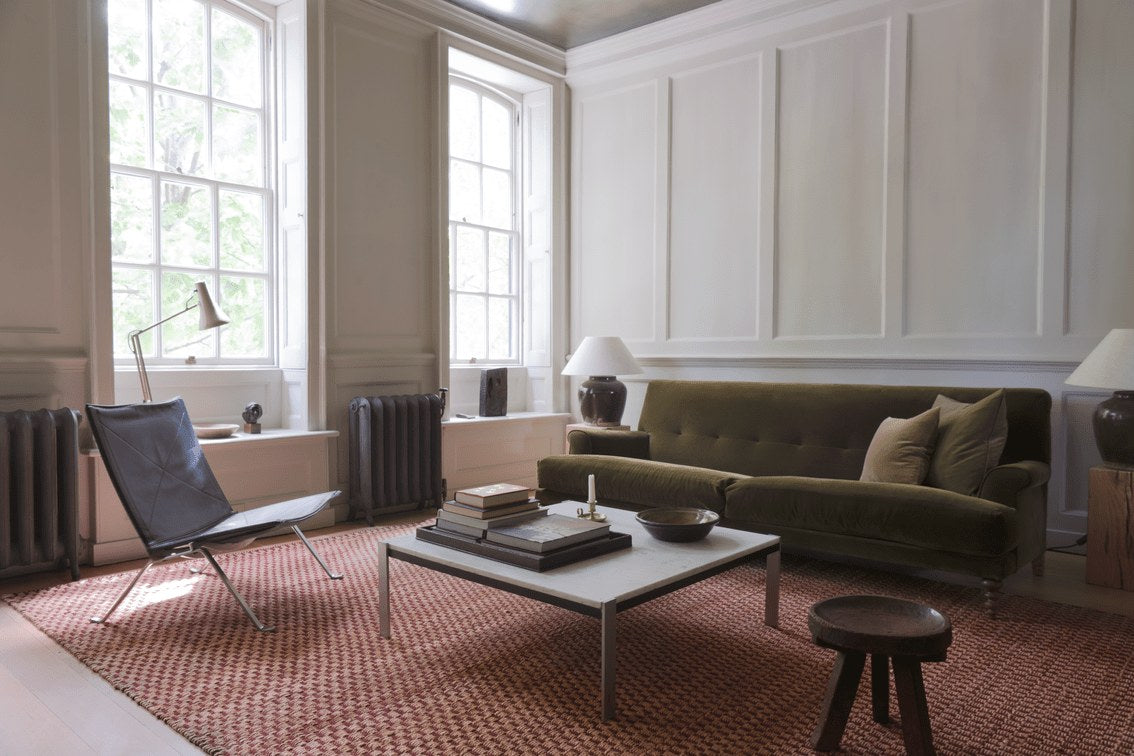 Burgundy Jute Rug, Layered Barley Burgundy, in a living room