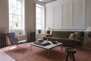 Burgundy Jute Rug, Layered Barley Burgundy, in a living room