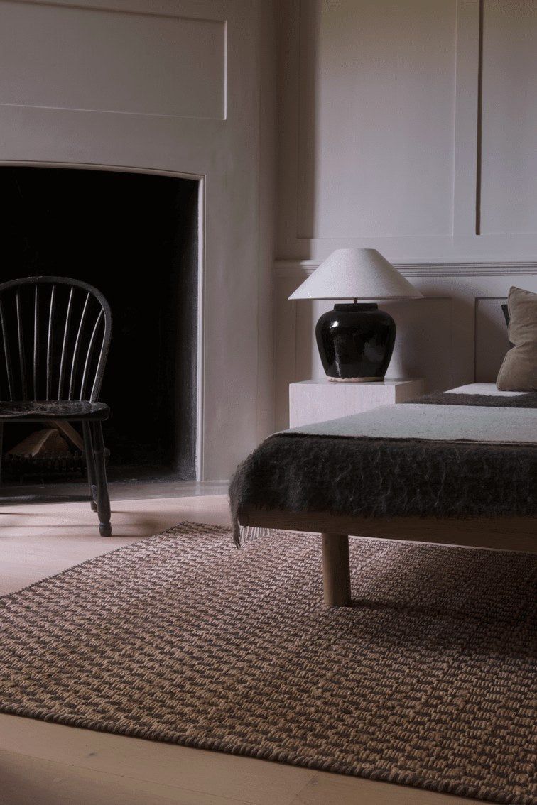 Sage Green Jute Rug, Layered Barley Sage, in a bedroom