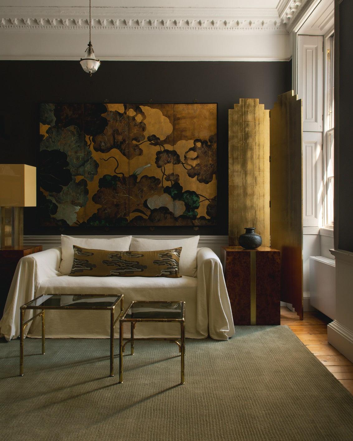 Olive Green Wool Rug, Layered Drift Wool Olive, in a living room