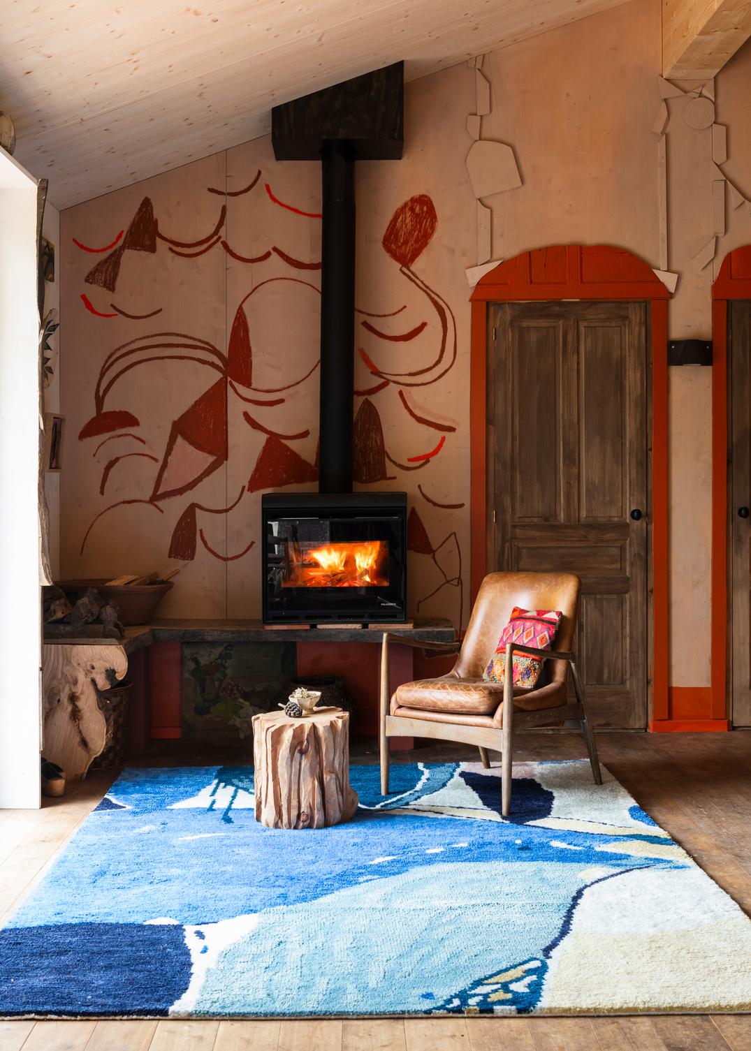 Blue Art Rug, Layered x Heather Chontos Blue Lake, in a living room