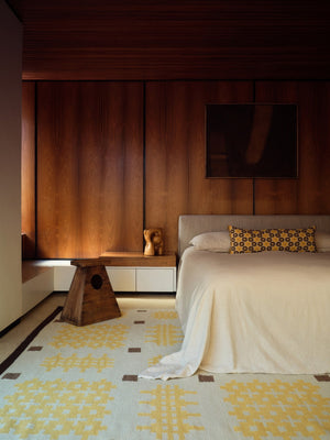 Yellow Welsh Rug, Layered x Tom Morris Dandelion, in a bedroom