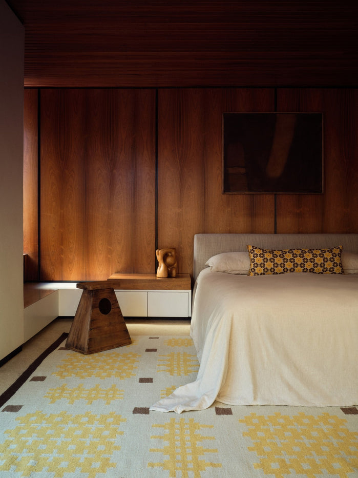 Yellow Welsh Rug, Layered x Tom Morris Dandelion, in a bedroom