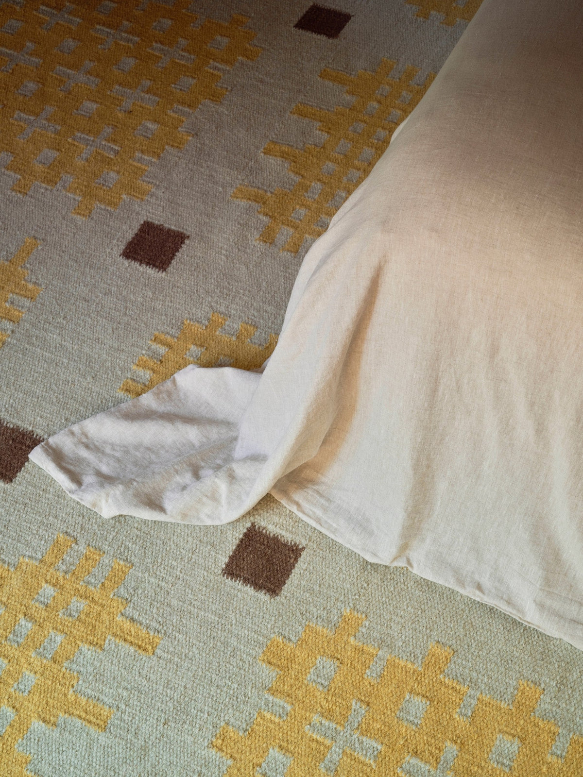Yellow Welsh Rug, Layered x Tom Morris Dandelion, detail of the flat weave