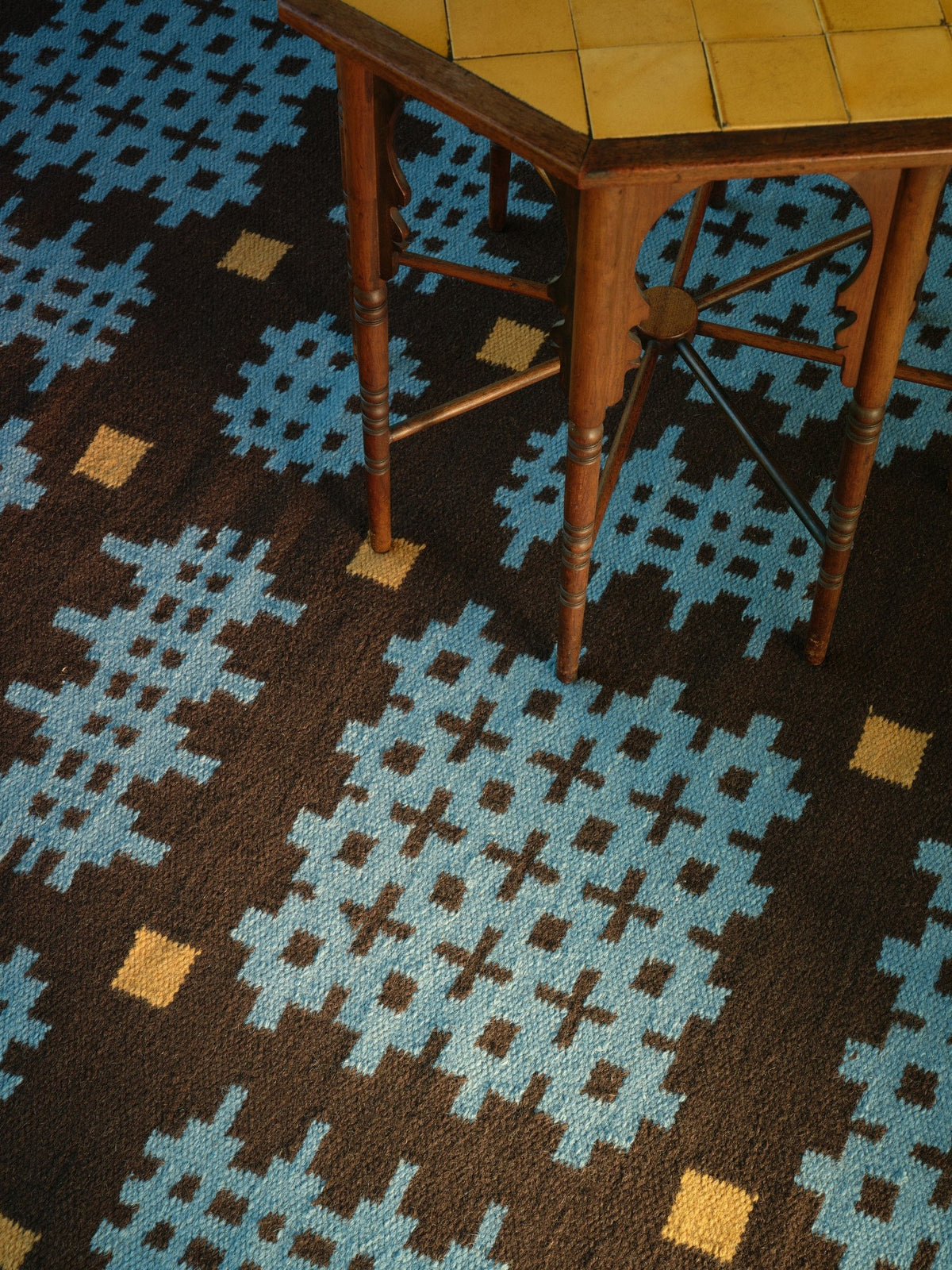 Blue Welsh Rug, Layered x Tom Morris Olwen Blue, detail of the flat weave