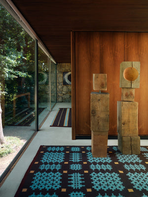 Blue Welsh Rug, Layered x Tom Morris Olwen Blue, in an interior