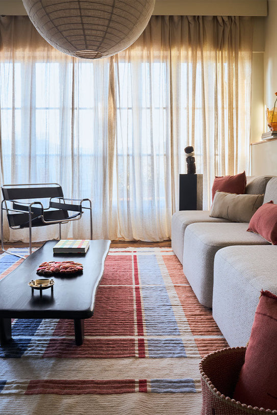 Lorena Canals Columns Multi Color Wool Rug, in a living room