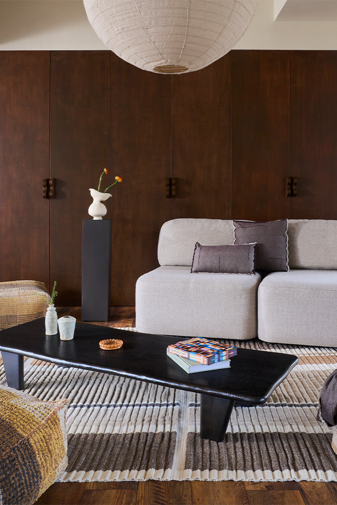 Lorena Canals Columns Natural Wool Rug, in a living room