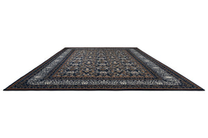 Morris & Co Borage Blue rug in indigo, ivory and caramel, perspective view