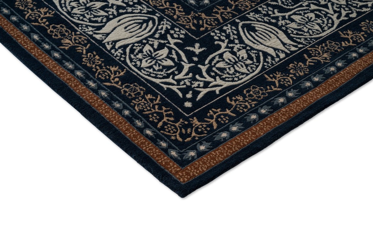 Morris & Co Borage Blue rug, detail of corner and pile
