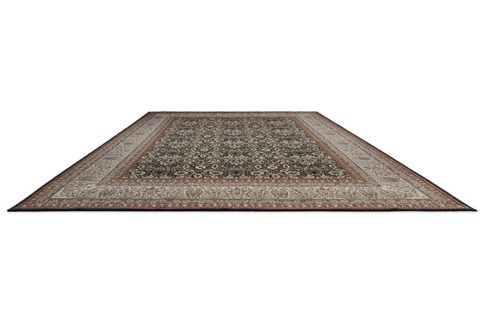 Morris & Co Borage Grey rug in stone grey, ivory and ochre, perspective view