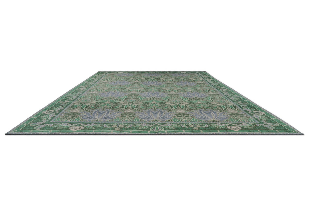 Morris & Co Helena Mineral rug in sea green and lavender blue, perspective view