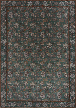 Morris & Co Theodosia Bottle Green rug in bottle green with caramel and ivory flowers, top view