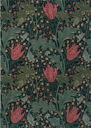 Morris & Co Lent Lily Indigo Madder rug in indigo with madder red tulips and sage leaves, top view