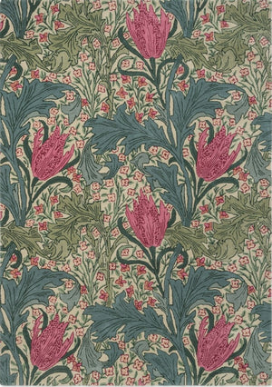 Morris & Co Lent Lily Plum Bayleaf rug in cream with plum tulips and bay green leaves, top view