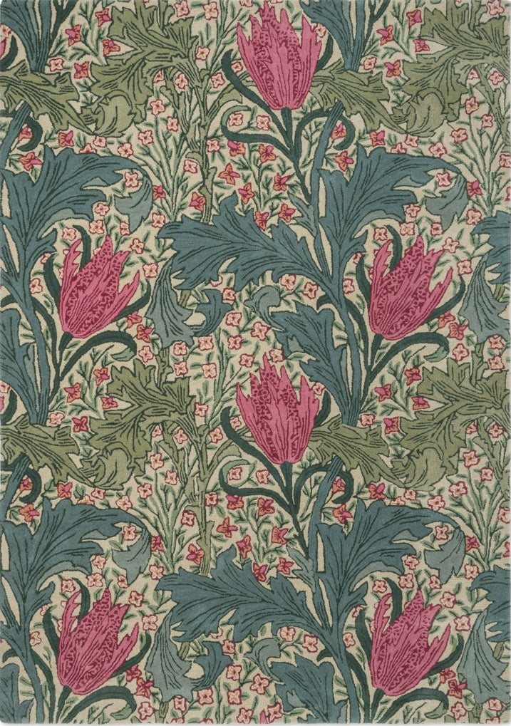 Morris & Co Lent Lily Plum Bayleaf rug in cream with plum tulips and bay green leaves, top view