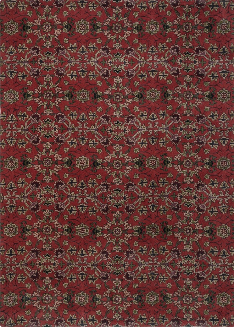 Morris & Co Persian Scroll Plum rug in warm red with cream, olive and aubergine, top view