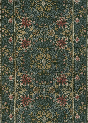Morris & Co Walthamstow Forest Teal rug in forest green, teal and old gold, top view