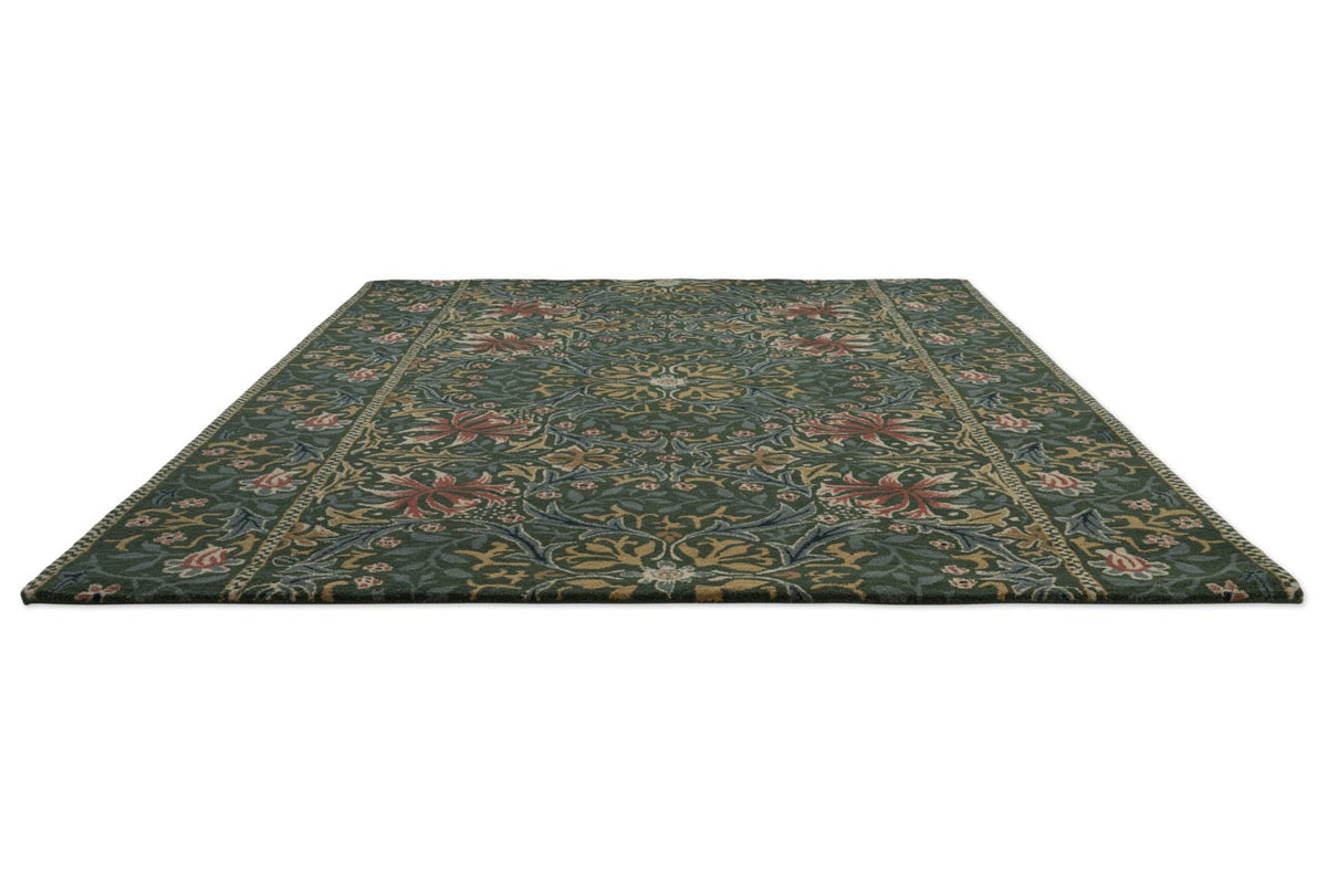 Morris & Co Walthamstow Forest Teal rug in forest green, teal and old gold, perspective view