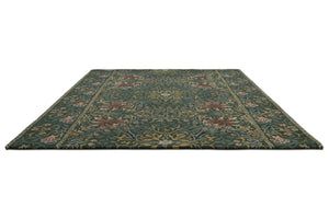 Morris & Co Walthamstow Forest Teal rug in forest green, teal and old gold, perspective view