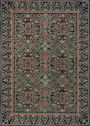 Morris & Co Wilton Weave Indigo rug in indigo, olive green and rose, top view