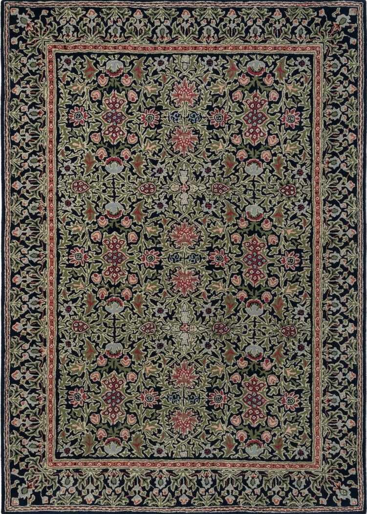 Morris & Co Wilton Weave Indigo rug in indigo, olive green and rose, top view