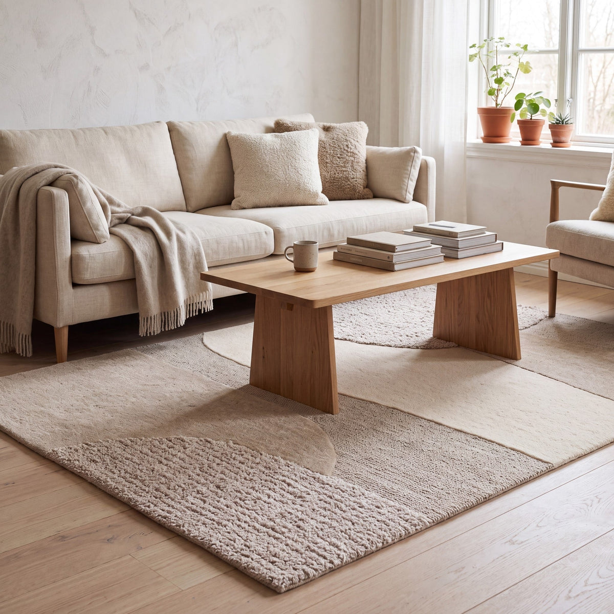 Acsento Bergen rug in ivory, sand and greige with organic colour fields, shown in an interior