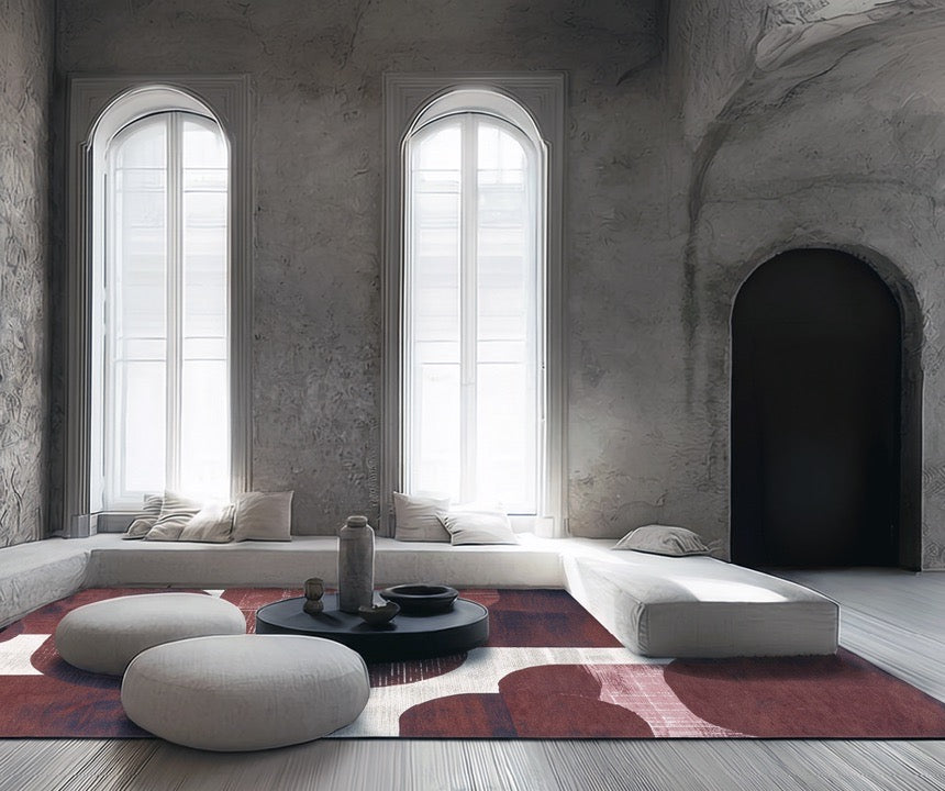 Acsento Bubbles Burgundy rug in burgundy with rounded shapes in wine red and aubergine on ivory, shown in an interior, second view