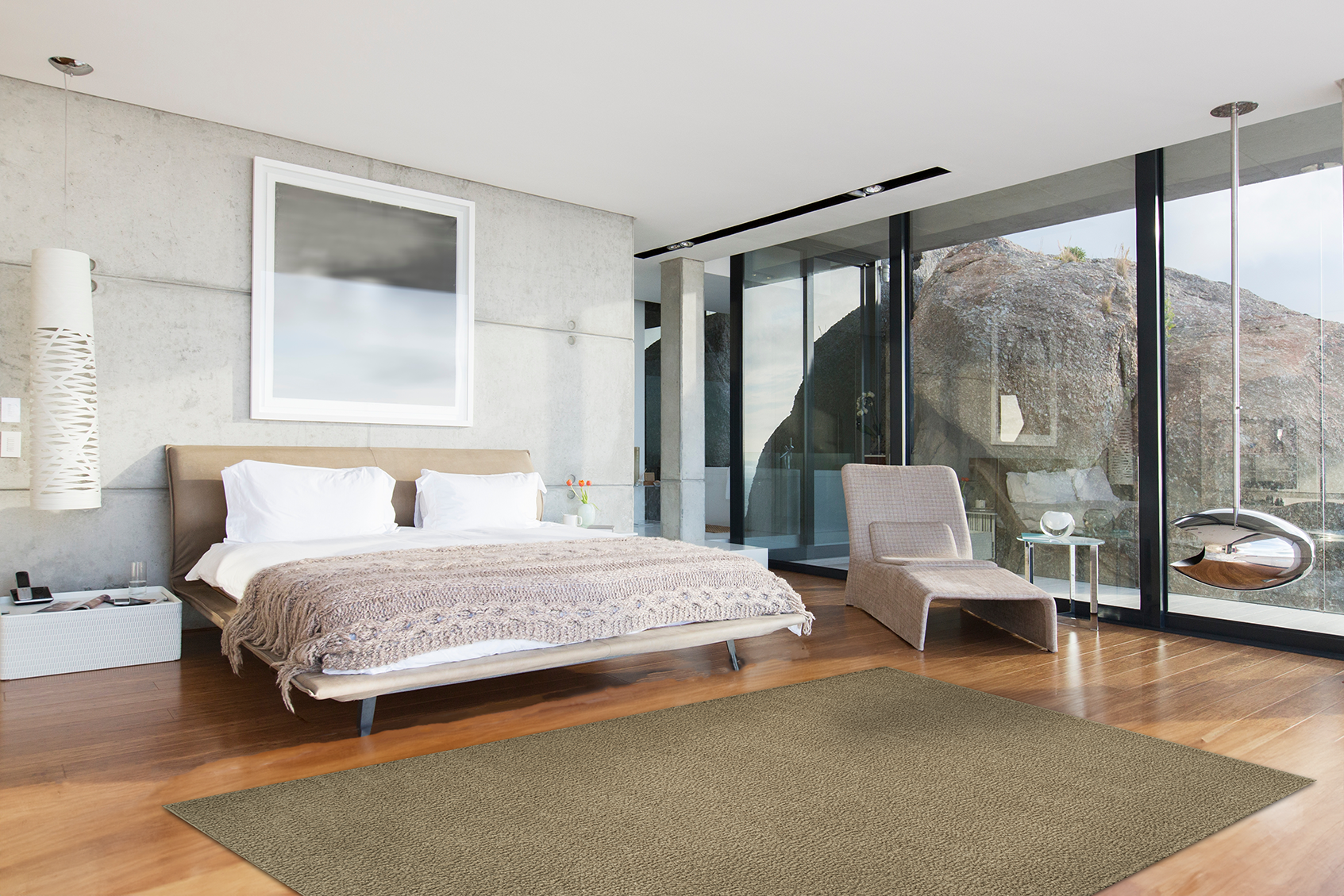 Acsento Caligari Taupe rug styled in a contemporary living room with neutral furnishings and natural accents.

