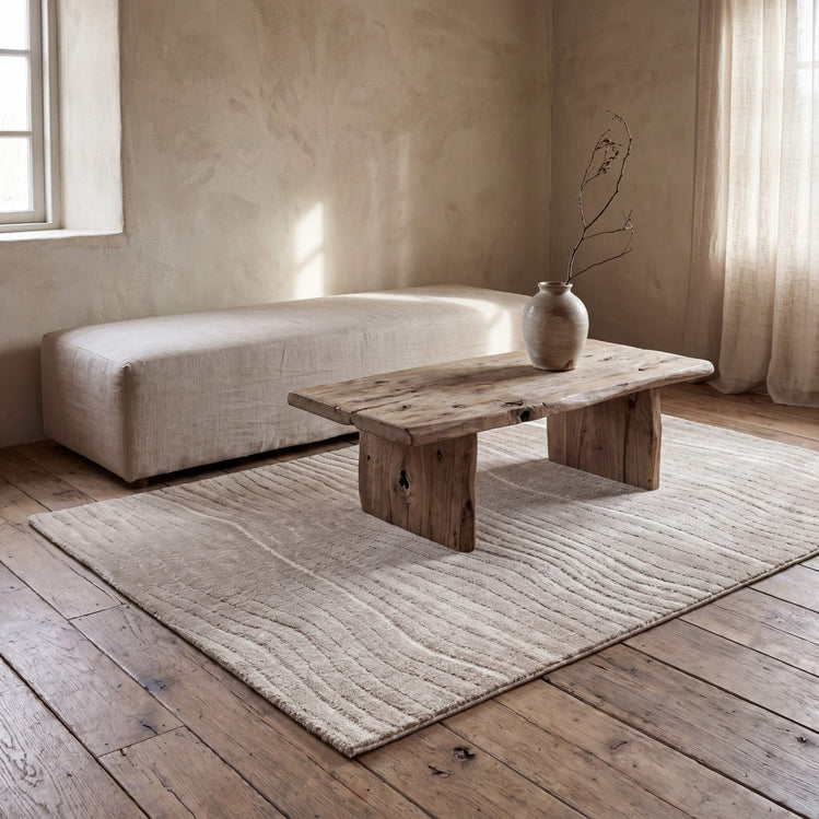 Acsento Duna Linen rug in linen beige with fine wavy lines, shown in an interior