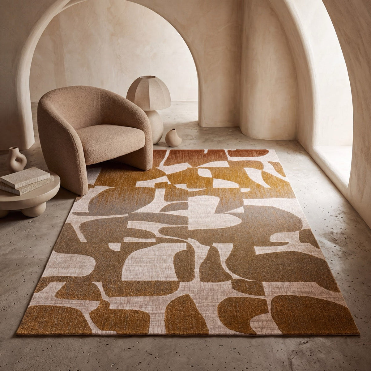 Acsento Duna Multi rug in ochre, rust and taupe collage shapes on cream, shown in an interior