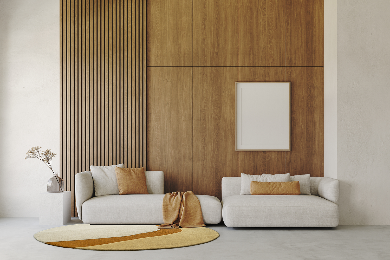 Acsento Figari Gold rug styled in a warm, modern interior with light neutral furnishings


