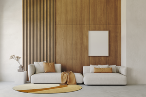 Acsento Figari Gold rug styled in a warm, modern interior with light neutral furnishings

