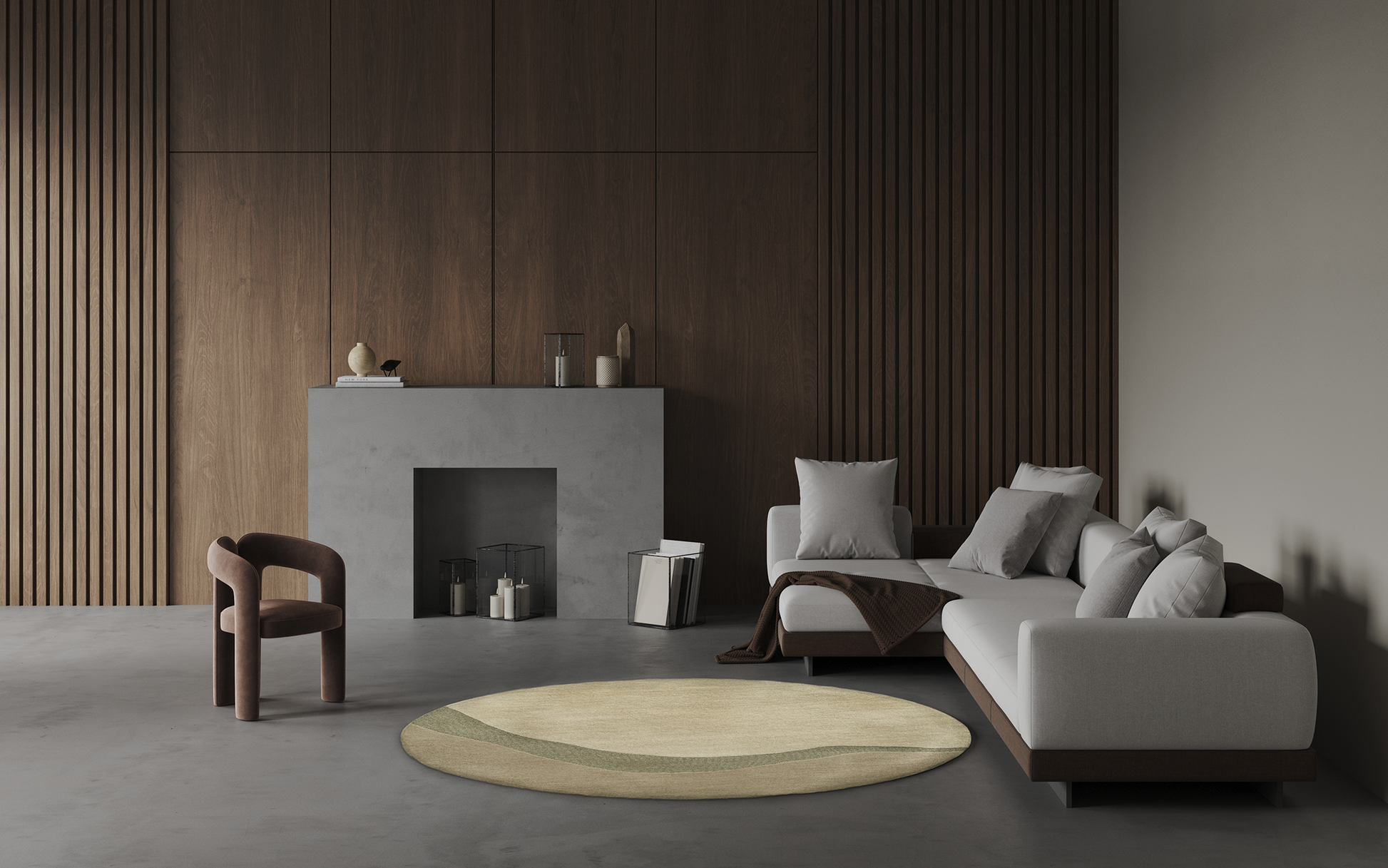 Acsento Figari Khaki rug styled in a modern, light-filled living room with soft neutrals and wood accents

