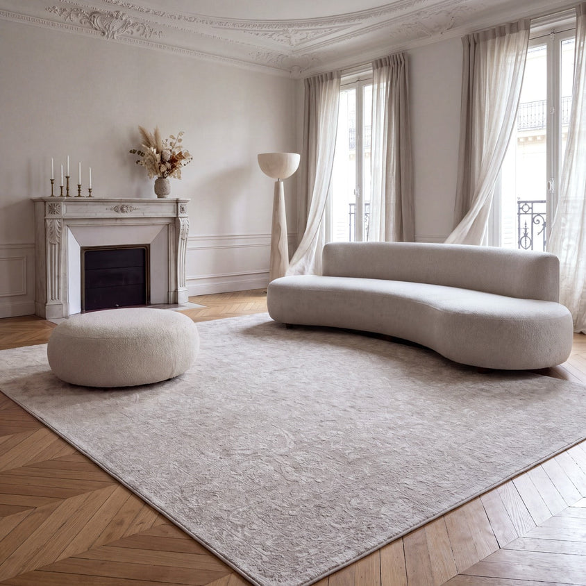 Acsento Heritage Ivory rug in ivory and beige with a tone on tone classic pattern, shown in an interior