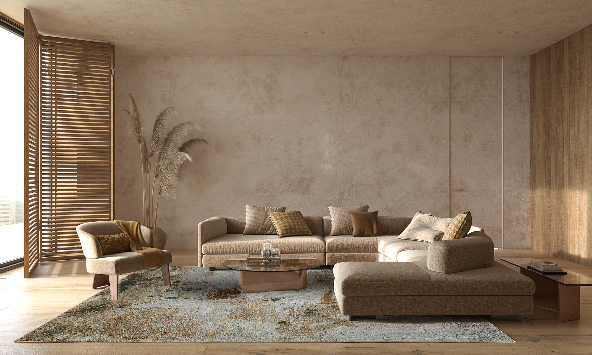 Acsento Jura Multi 14 rug styled in a contemporary room with beige seating and warm orange accents

