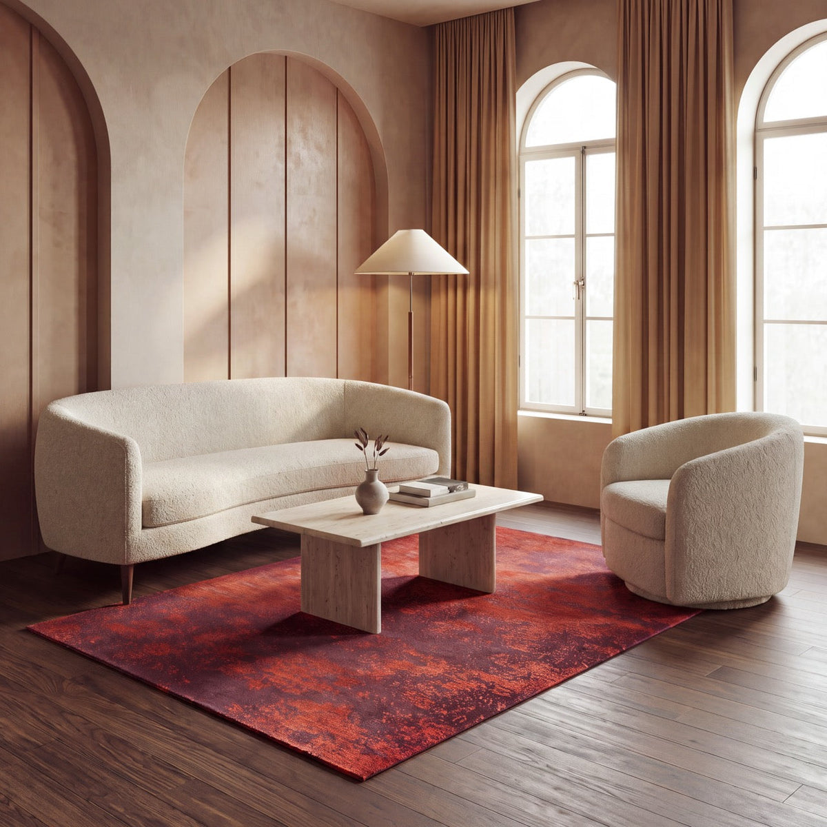 Acsento Laguna Burgundy rug in burgundy with coral red flecks, shown in an interior