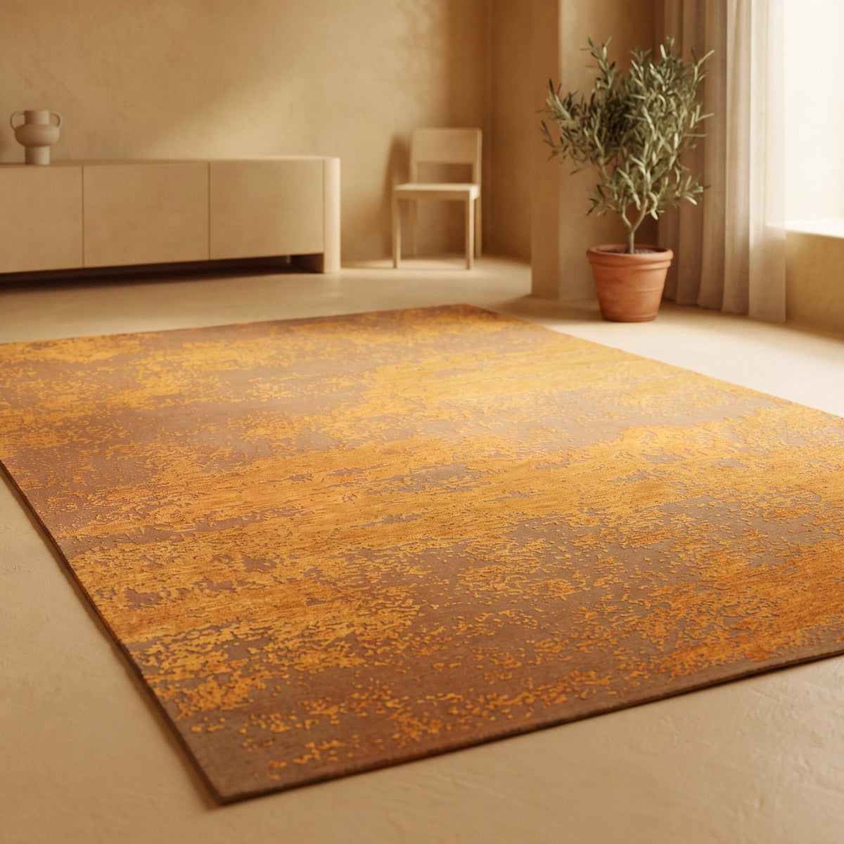 Acsento Laguna Melon rug in saffron and melon orange on caramel, shown in an interior